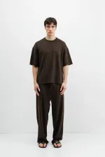 Fitilli Dokulu Oversize Tişört Koyu Kahve