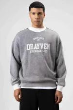 Oversize Bisiklet Yaka Baskılı Sweatshirt Gri