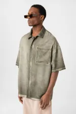Yıkamalı Kısa Kollu Oversize Gömlek Haki