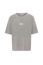 Yıkamalı Oversize Baskılı Triko Tişört Taş