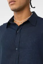 Basic Oversize Uzun Kollu Keten Gömlek Lacivert