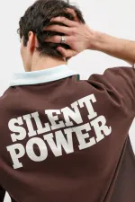 Fermuarlı Yaka Baskılı Oversize Tişört Kahve