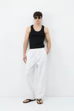 Bel Lastikli Baggy Fit Keten Pantolon Beyaz