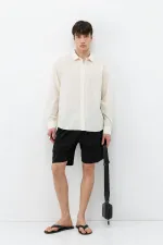 Dokulu Keten Görünümlü Oversize Gömlek Naturel