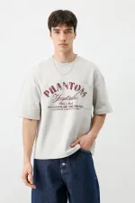 Kısa Kollu Boxy Fit Baskılı Tişört Gri