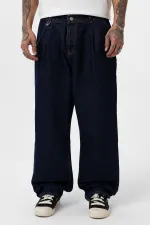 Pileli Zincir Detaylı Baggy Jean Koyu Mavi