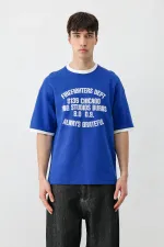 Baskılı Bisiklet Yaka Oversize Tişört Saks