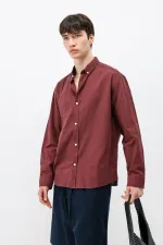 Basic Oversize Pamuk  Keten Gömlek Bordo