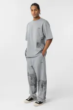 Etnik Desenli Oversize Eşofman Takım Gri