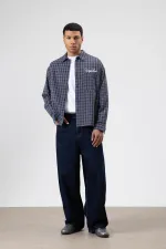 Oversize Kareli Arka Baskılı Uzun Kol Gömlek Lacivert-Kahve