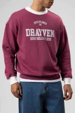 Oversize Bisiklet Yaka Baskılı Sweatshirt Bordo