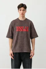 Yıkamalı Baskılı Oversize Tişört Kahve