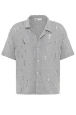 Oversize Deliklı Triko Gömlek Gri