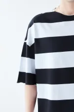 Digitally Printed Striped 100% Cotton Oversize T-Shirt Black