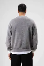 Oversize Bisiklet Yaka Baskılı Sweatshirt Gri