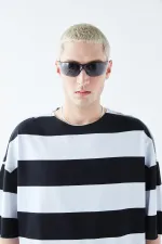 Digitally Printed Striped 100% Cotton Oversize T-Shirt Black