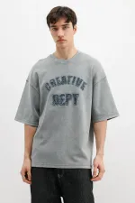 Yıkamalı Yazı Baskılı Oversize Tişört Gri