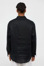 100% Linen Oversize Long-Sleeve Shirt Black