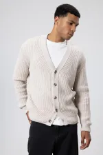 V Yaka Düğmeli Örgü Hırka Kazak Açık Taş