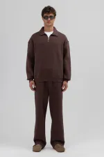 Oversize Zip-Up Stand-Up Collar Sweatshirt, Brown