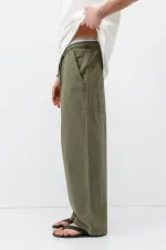 Super Baggy Fit Keten Pantolon Haki