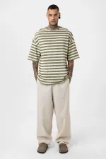T-shirt rayé oversize en maille kaki