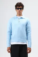 Polo Collar Soft Textured Knit Sweater Baby Blue