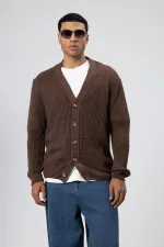 V Yaka Düğmeli Örgü Hırka Kazak Vizon