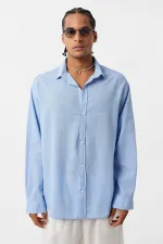 Basic Oversize Long-Sleeve Linen Shirt, Blue