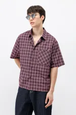 Checked Short-Sleeved Oversize Shirt, Burgundy