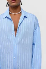 Oversize Çizgili Uzun Kol Gömlek Mavi