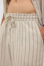 Oversize Çizgili Keten Şort Siyah