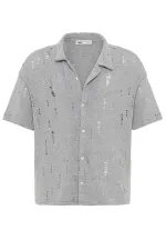 Oversize Deliklı Triko Gömlek Gri