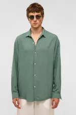 Oversize Uzun Kollu Keten Gömlek Haki