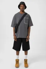 Bisiklet Yaka Cepli Oversize Tişört Füme