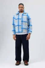 Oversize Peluş Ekose Ceket Mavi