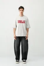 Yıkamalı Baskılı Oversize Tişört Açık Gri