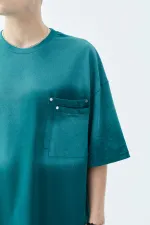 Yıkamalı Cep Detaylı Oversize Tişört Petrol