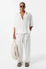 Oversize Short Sleeve Modal Fabric Shirt, Ecru