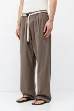 Kemer Detaylı Oversize Keten Pantolon Vizon