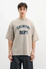 Yıkamalı Yazı Baskılı Oversize Tişört Bej