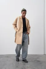 Kemerli Oversize Kaşe Kaban Vizon