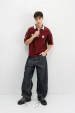 Fermuarlı Yaka Baskılı Oversize Tişört Bordo