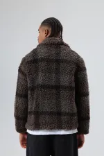 Oversize Peluş Ekose Ceket Kahve