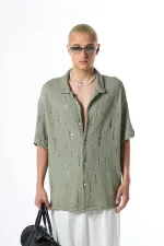 Oversize Deliklı Triko Gömlek Haki