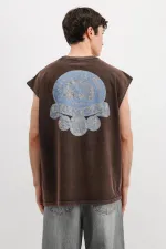 Baskılı Kolsuz Oversize Tişört Kahve