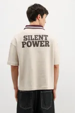 Fermuarlı Yaka Baskılı Oversize Tişört Taş