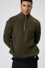 Fermuarlı Örme Triko Kazak Haki