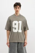 Baskılı Fitilli Oversize Tişört Haki