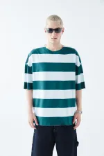 Dijital Baskılı Şeritli %100 Pamuk Oversize Tişört Petrol